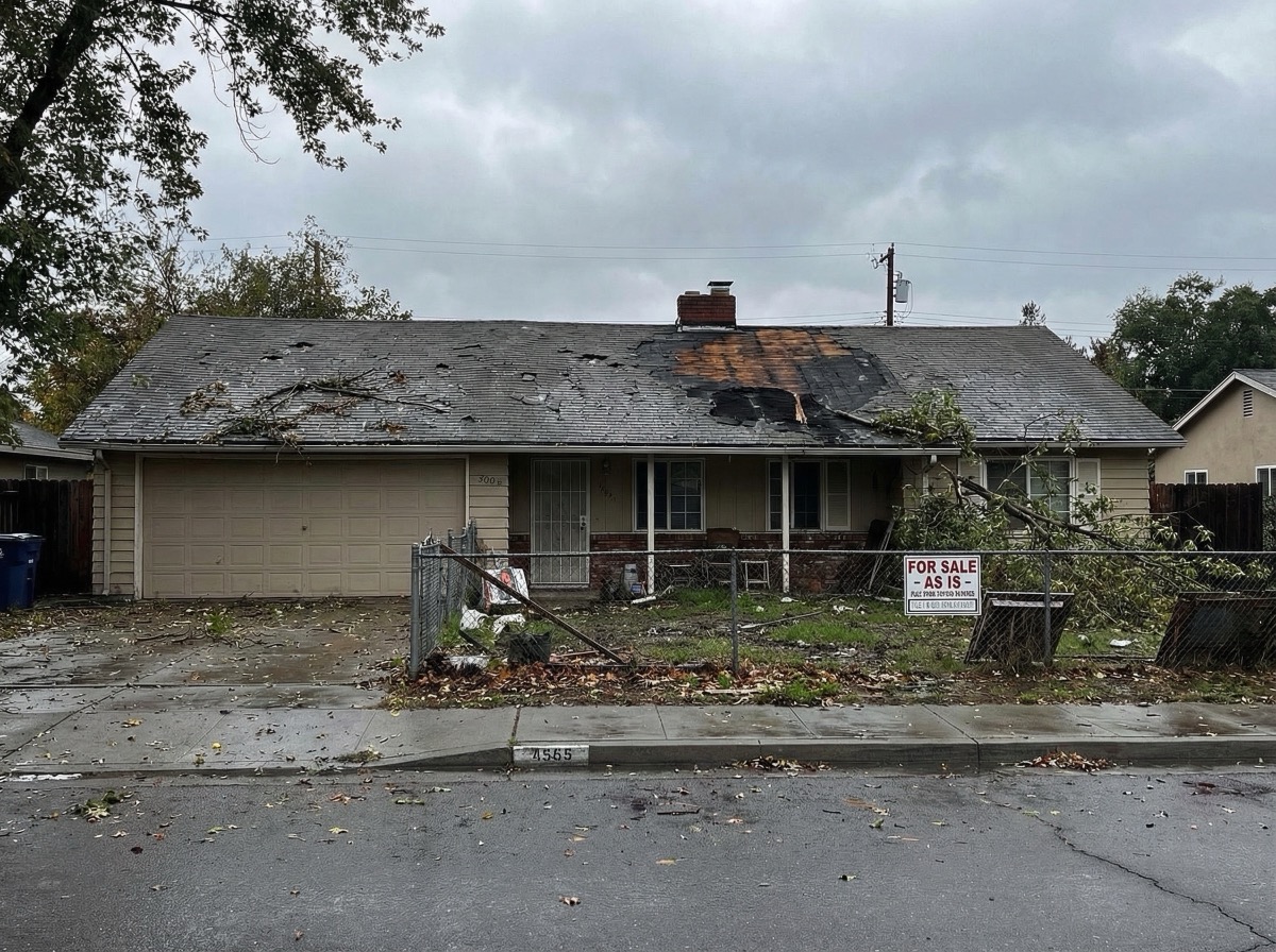 Storm damaged roof before repair